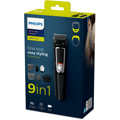 Philips Тример Series 3000, для бороди, вусів, носа та голови, акум., роторний мотор, насадок-5, сталь, чорний