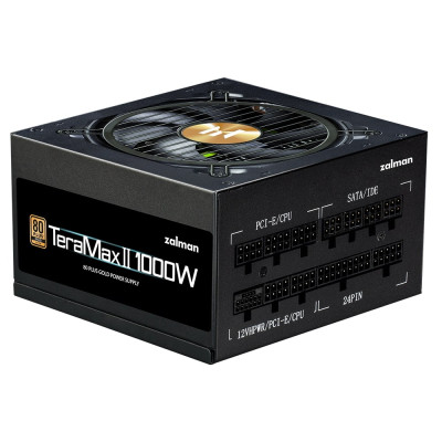 Zalman Блок живлення Teramax 2 (1000W) >90% 80+ Gold 120мм 1xMB 28pin (18+10) 2xCPU 8pin(4+4) 3xMolex 12xSATA 4xPCIe 8pin(6+2) 1x12VHPWR Fully Modular