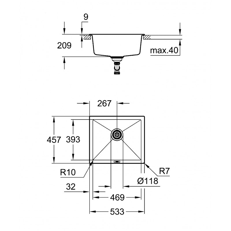 Grohe Мийка кухонна K700U, граніт, прямокут., без крила, 533x457x205мм, чаша - 1, врізна/під стільницю, сірий граніт