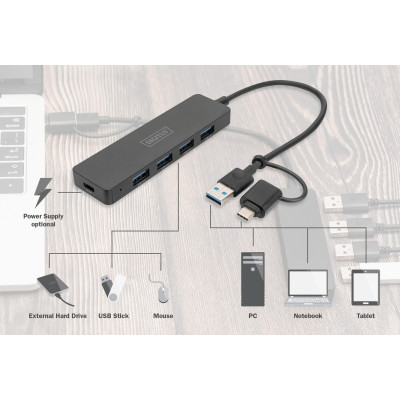 Digitus Хаб DIGITUS USB-A/C > 4хUSB-А, 0,2 м, активний (опція)