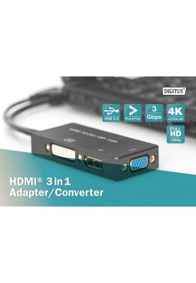 Digitus Перехідник HDMI - DP+DVI+VGA UHD 4K, M-F/F/F, 3 in 1