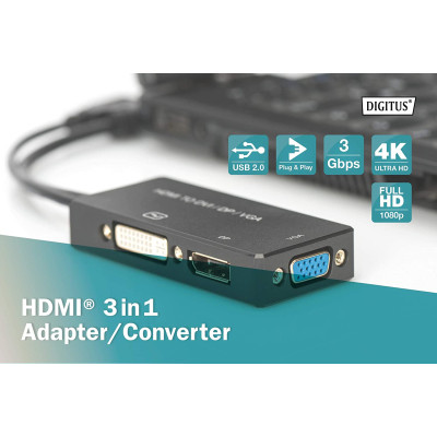 Digitus Перехідник HDMI - DP+DVI+VGA UHD 4K, M-F/F/F, 3 in 1