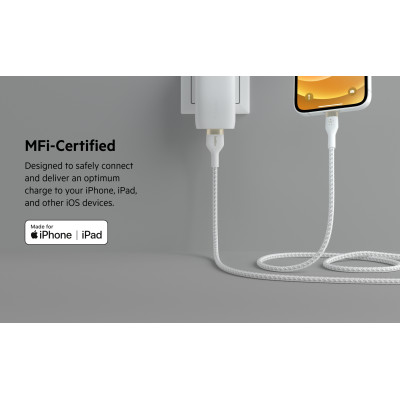 Belkin Кабель USB-A - Lightning плетений, силіконовий, з ремінцем на магніті, 1м, білий