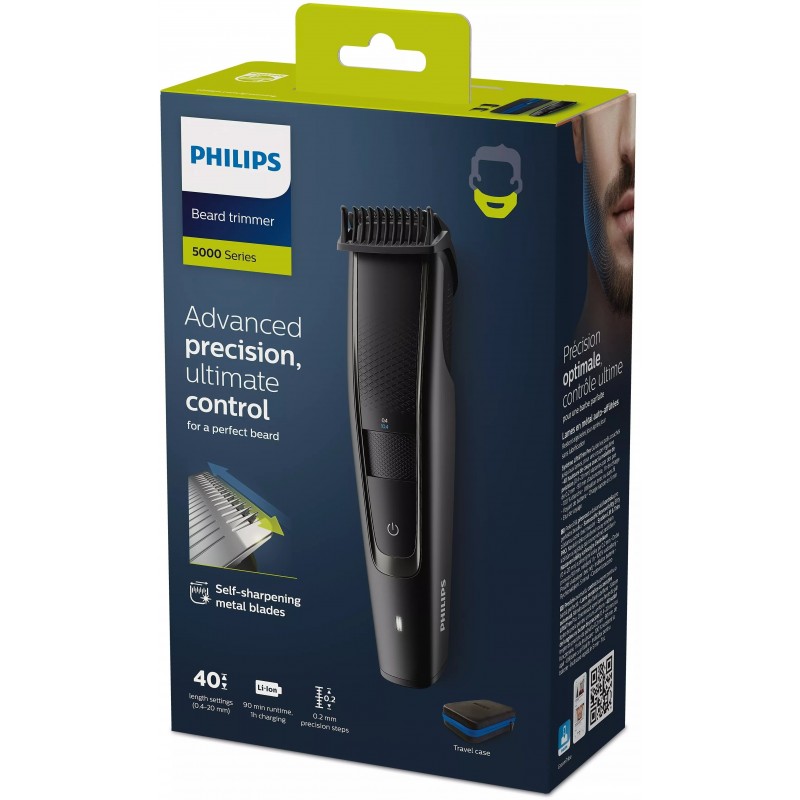 Philips Тример Beardtrimmer series 5000, для бороди і вусів, мережа+акум., насадок-2, чохол, сталь, чорний