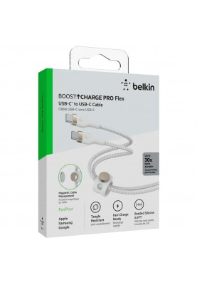 Belkin > Кабель USB-C > USB-C заряджання/синхронізації 2м, 60Вт, Type-C, плетінь, силіконовий, з ремінцем на магніті, білий