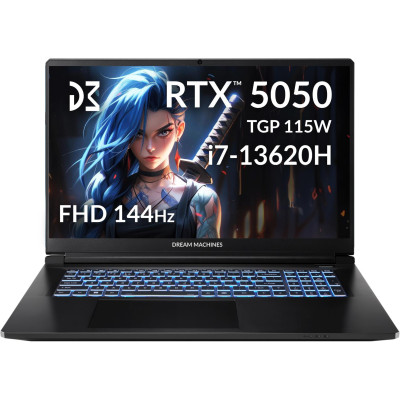 Dream Machines Ноутбук Dream Machines RG5050-17 17.3FHD IPS, Intel i7-13620H, 32GB, F2TB, NVD5050-8, DOS, чорний