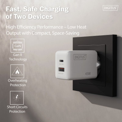 Digitus Зарядний пристрій GaN 1хUSB-C, 1хUSB-A, 45W