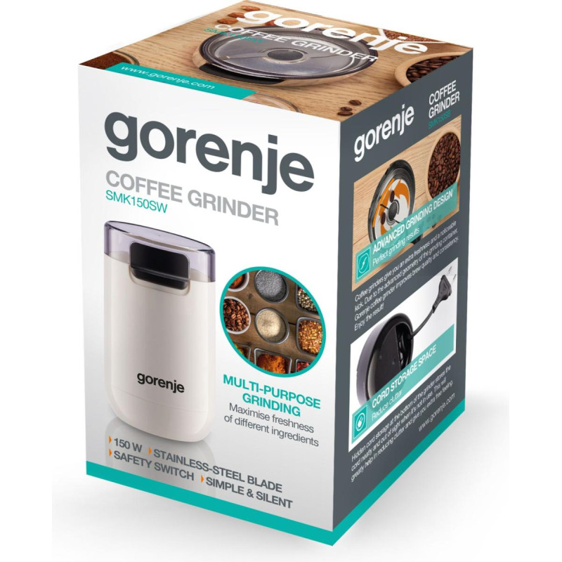 Gorenje Кавомолка роторна 150Вт, об'єм зерен-45г, 3 ступеня помолу, пластик/метал, білий