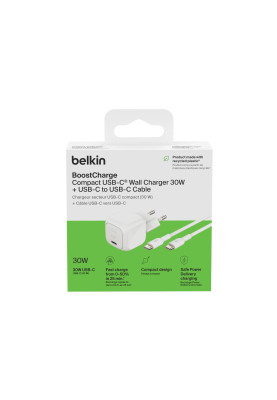 Belkin Зарядний пристрій мережевий 30Вт USB-С PD PPS, кабель USB-С > USB-C, 1м, PVC, білий
