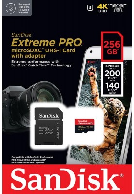 SanDisk Карта пам'яті microSD 256GB C10 UHS-I U3 R200/W140MB/s Extreme Pro V30 + SD