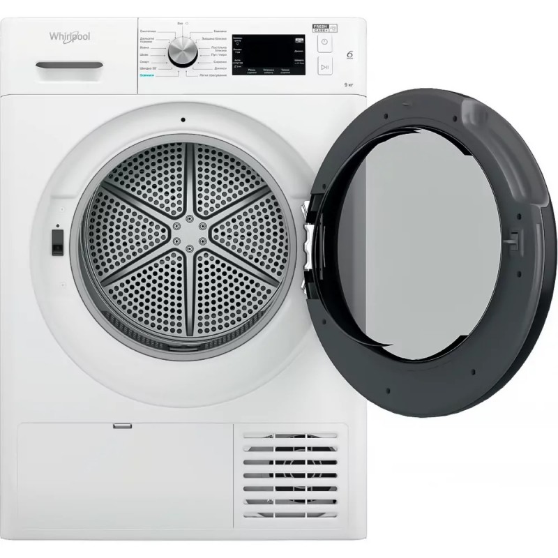 Whirlpool Сушильна машина тепловий насос, 9кг, A++, 65см, дисплей, люк чорний, білий