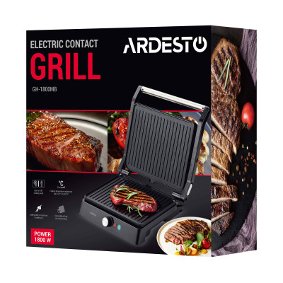 ARDESTO Гриль прижимний GH-1800MB, 1800Вт, розкриття на 180°, чорно-сріблястий
