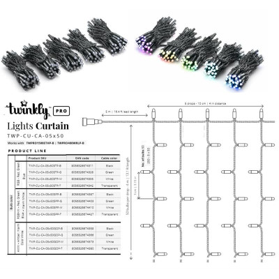 Twinkly Pro Smart LED Гірлянда Twinkly Pro Curtain RGB 250, AWG22, IP65, чорний