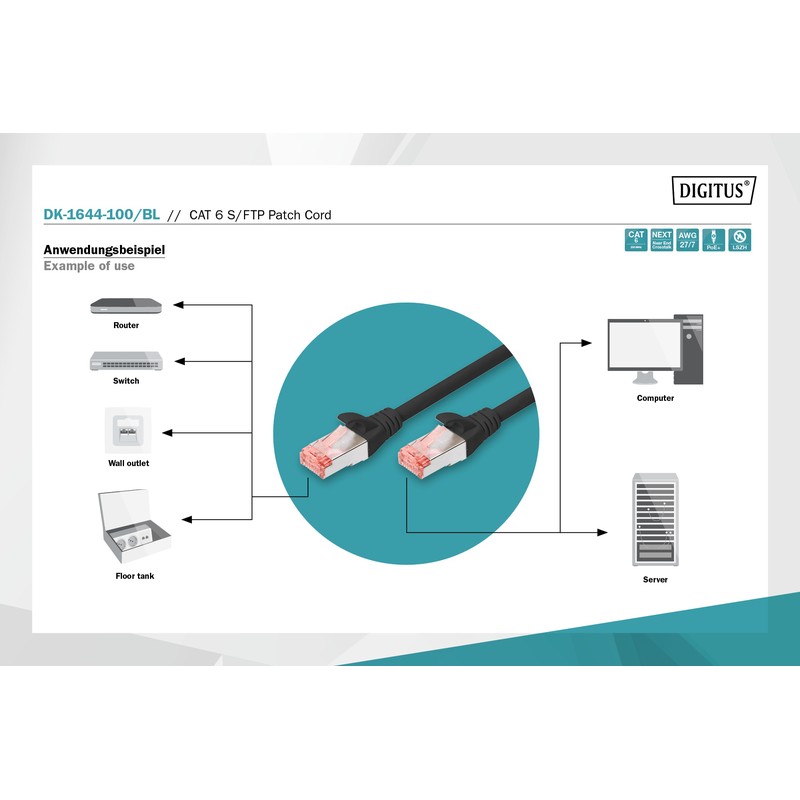 Digitus Патч-корд CAT 6 S-FTP, 10м, AWG 27/7, LSZH, чорний