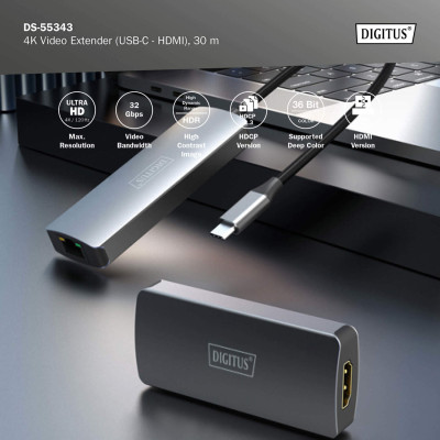 Digitus Набір відеоподовжувачів USB-C - HDMI, 4K/120 Гц, CAT6, 30м