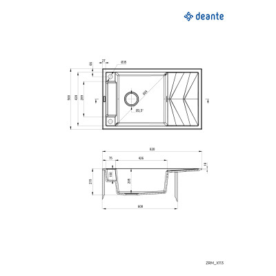 Deante Мийка кухонна Magnetic, граніт, прямокут., з крилом, 820х500х219мм, чаша - 1, накладна, антрацит