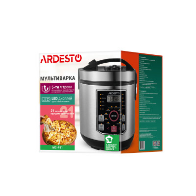 ARDESTO Мультиварка MC-P21, 860Вт, чаша-5л, електр. керування, книга рецептів, нерж. сталь+пластик, срібляста