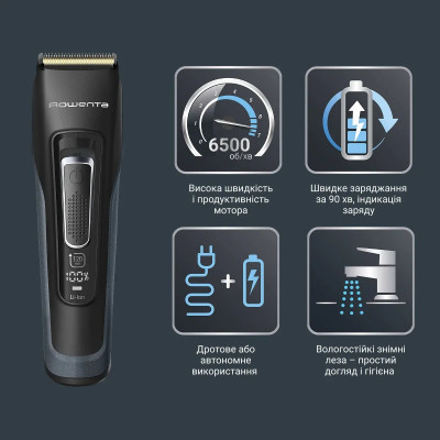 Rowenta Машинка для стрижки Advancer, для бороди, вусів, голови, мережа+акум., роторний мотор, насадок-2, кейс, титан.напил., темно-зелений