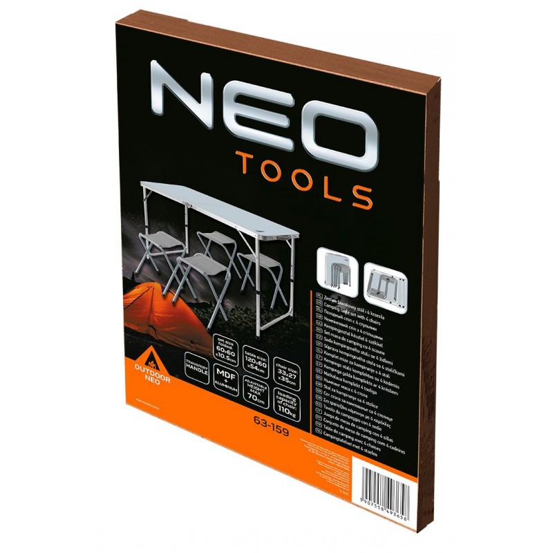 Neo Tools Набір стіл та стільці розкладні, стіл 60х120х60см, 4 стільці 36х34Х27см, 6.9кг