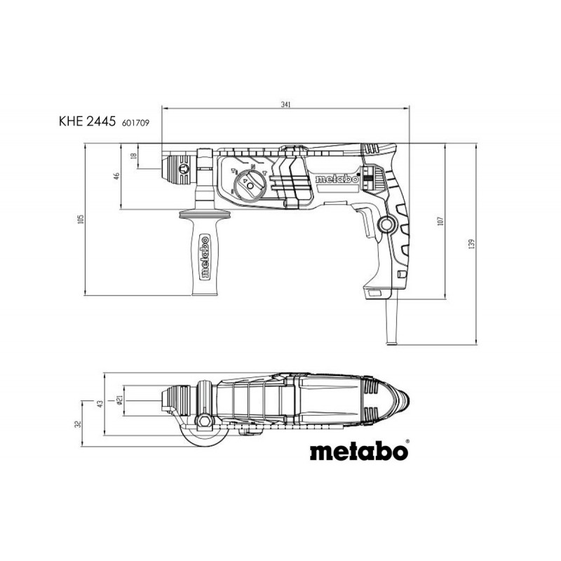 Metabo Перфоратор KHE 2445, 800Вт, SDS-plus, 2.4Дж, 3 режими, 0-1500об/хв