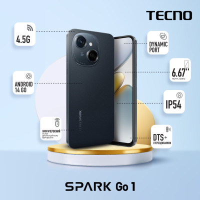 TECNO Смартфон Spark Go 1 (KL4) 6.67" 3/64ГБ, 2SIM, 5000мА•год, Startrail Black