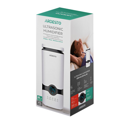 ARDESTO Зволожувач повітря ультразвуковий, 40м2, 4л, 300мл/г, електр. кер-ння, пульт ДК, верх. залив води, білий