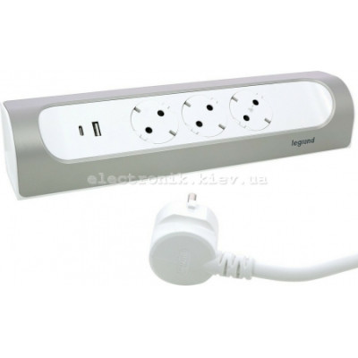 Legrand Підовжувач мережевий без кабелю, 3xТипF, 16A, 1xUSB-A,1xUSB-C, кутовий, білий