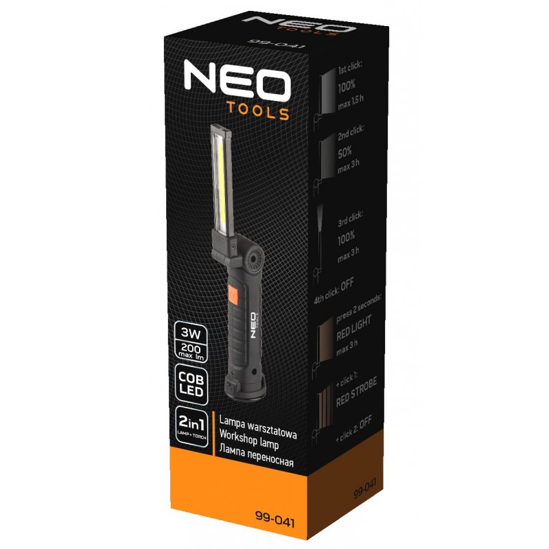 Neo Tools Ліхтар NEO, 2 в 1, USB, 1200мАч, 3.7 Li-ion, 3Вт, 200 люмен, LEDCOB