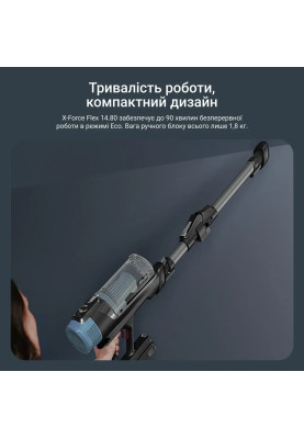 Rowenta Пилосос безпровідний X-Force Flex 14.80 Animal Aqua, 240Вт, вологе прибирання, конт пилок -0.65л, автон. робота до 90хв, HEF system 99,9%, чорно-синій