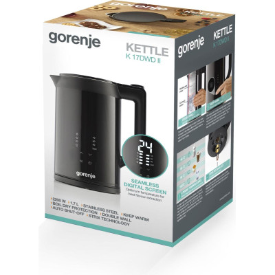 Gorenje Електрочайник 1.7л, підвійні стінки, LED дисплей, Strix контроль, чорний