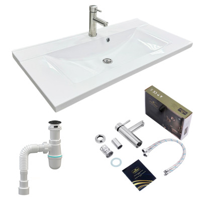 Adamant Набір для ванної кімнати, раковина, умивальник QUANTO 90, штучний камінь, прямокут., з сифоном Click-Clack + змішувач