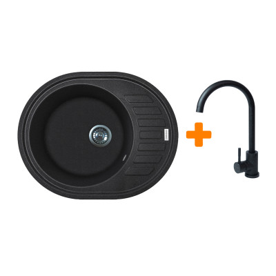 Adamant Мийка кухонная Ovum, штучний камінь, овальна, з крилом, 615х495х200мм, чаша - 1, врізна, чорний + змішувач