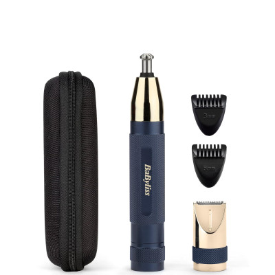BaByliss Тримір для брів, вусів, носа та вух, 1хАА, насадок-3, чохол, сталь, синій