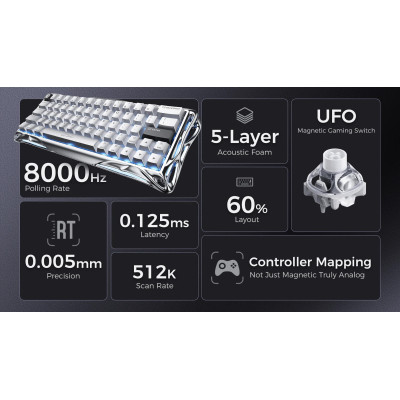 GravaStar Клавіатура магнітна Mercury V60 Pro 60keys, GravaStar Blackcore, USB-A, 8k, RGB, Chrome Silver