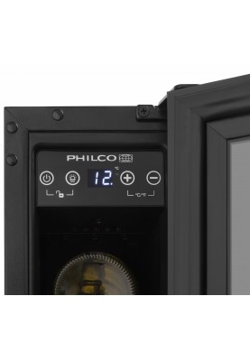 Philco Холодильник для вина, 81.3х57х52.5, холод.відд.-18л, зон - 1, пляш.-6, диспл, підсвітка, чорний