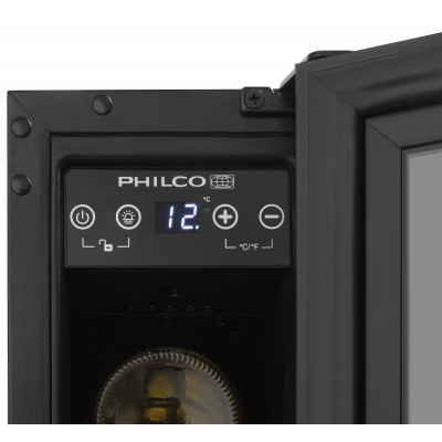 Philco Холодильник для вина, 81.3х57х52.5, холод.відд.-18л, зон - 1, пляш.-6, диспл, підсвітка, чорний Philco Холодильник для вина, 81.3х57х52.5, холод.відд.-18л, зон - 1, пляш.-6, диспл, підсвітка, чорний