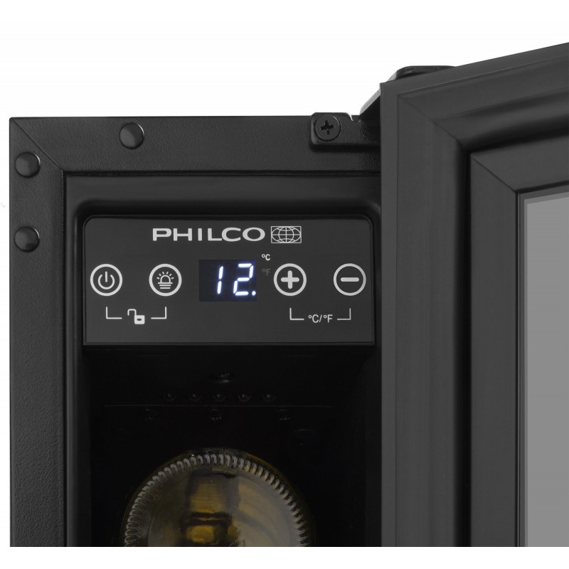 Philco Холодильник для вина, 81.3х57х52.5, холод.відд.-18л, зон - 1, пляш.-6, диспл, підсвітка, чорний