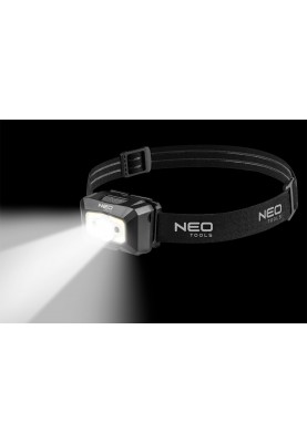 Neo Tools Ліхтар налобний акумуляторний, 1200мАг, 250лм, 3Вт, 5 функцій освітлення, червоне світло, датчик руху, індикатор заряду