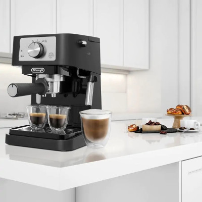 Delonghi Кофеварка ріжкова, 1л, мелена, ручний капуч, чорно-срібний