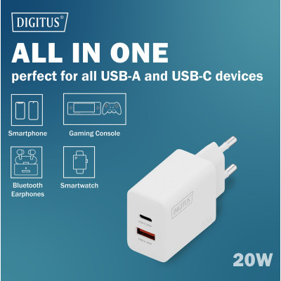 Digitus Зарядний пристрій 1хUSB-C, 1хUSB-A, 20W Digitus Зарядний пристрій 1хUSB-C, 1хUSB-A, 20W