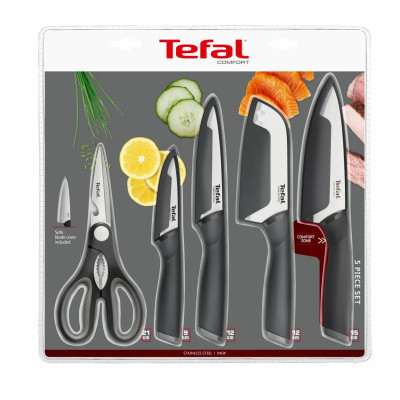 Tefal Набір ножів Tefal Comfort, 5предметів, нержавіюча сталь, пластик, чорниц Tefal Набір ножів Tefal Comfort, 5предметів, нержавіюча сталь, пластик, чорниц