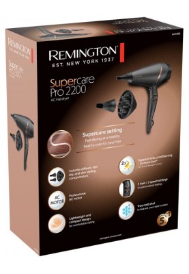 Remington Фен Supercare PRO 2200 AC motor, 2200Вт, 3 режими, дифузор, іоніз-я, хол. обдув, чорний