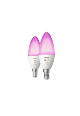 Philips Hue Лампа розумна E14, 5.3W(40Вт), 2000K-6500K, RGB, ZigBee, Bluetooth, димування, 2шт