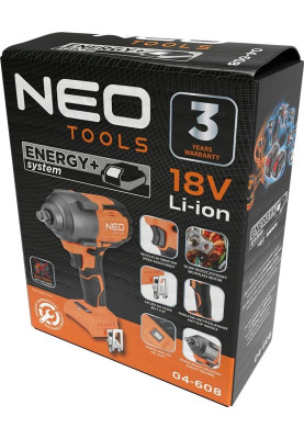 Neo Tools Гайковерт ударний Energy+ 18В безщітковий 2400обхв 850Нм 1/2" 3 швидкості 1.8кг без АКБ та ЗП