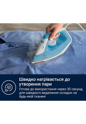 Electrolux Утюг, 2300Вт, 250мл, паровий удар 110гр, керам. підошва, синє-білий