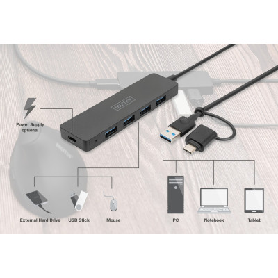 Digitus Хаб DIGITUS USB-A/C > 4хUSB-А, 1,2 м, активний (опція)