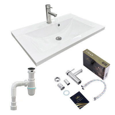 Adamant Набір для ванної кімнати, раковина, умивальник QUANTO 70, штучний камінь, прямокут., з сифоном Click-Clack + змішувач