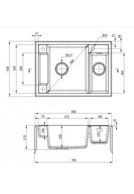 Deante Мийка кухонна Magnetic, граніт, прямокут., з крилом, 690х500х219мм, чаша - 1.5, врізна, антрацит