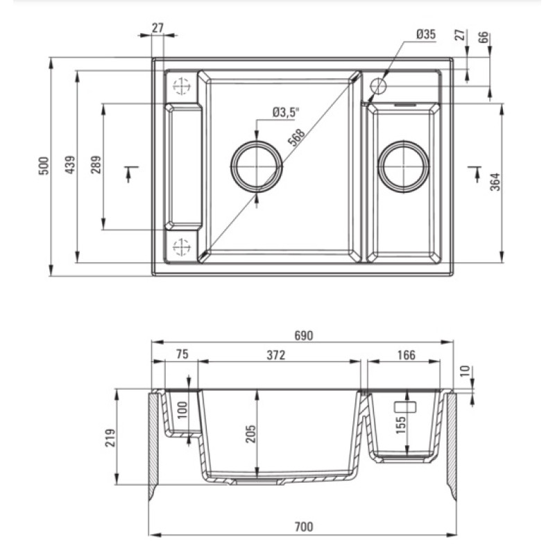 Deante Мийка кухонна Magnetic, граніт, прямокут., з крилом, 690х500х219мм, чаша - 1.5, врізна, антрацит