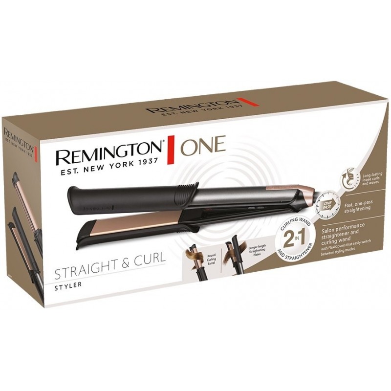 Remington Випрямляч 2в1 ONE STRAIGHT & CURL, 2в1 випрямляч та плойка, темп.режимов-5, 150-230С, кейс та рукавичка в комплекті, кераміка, чорний